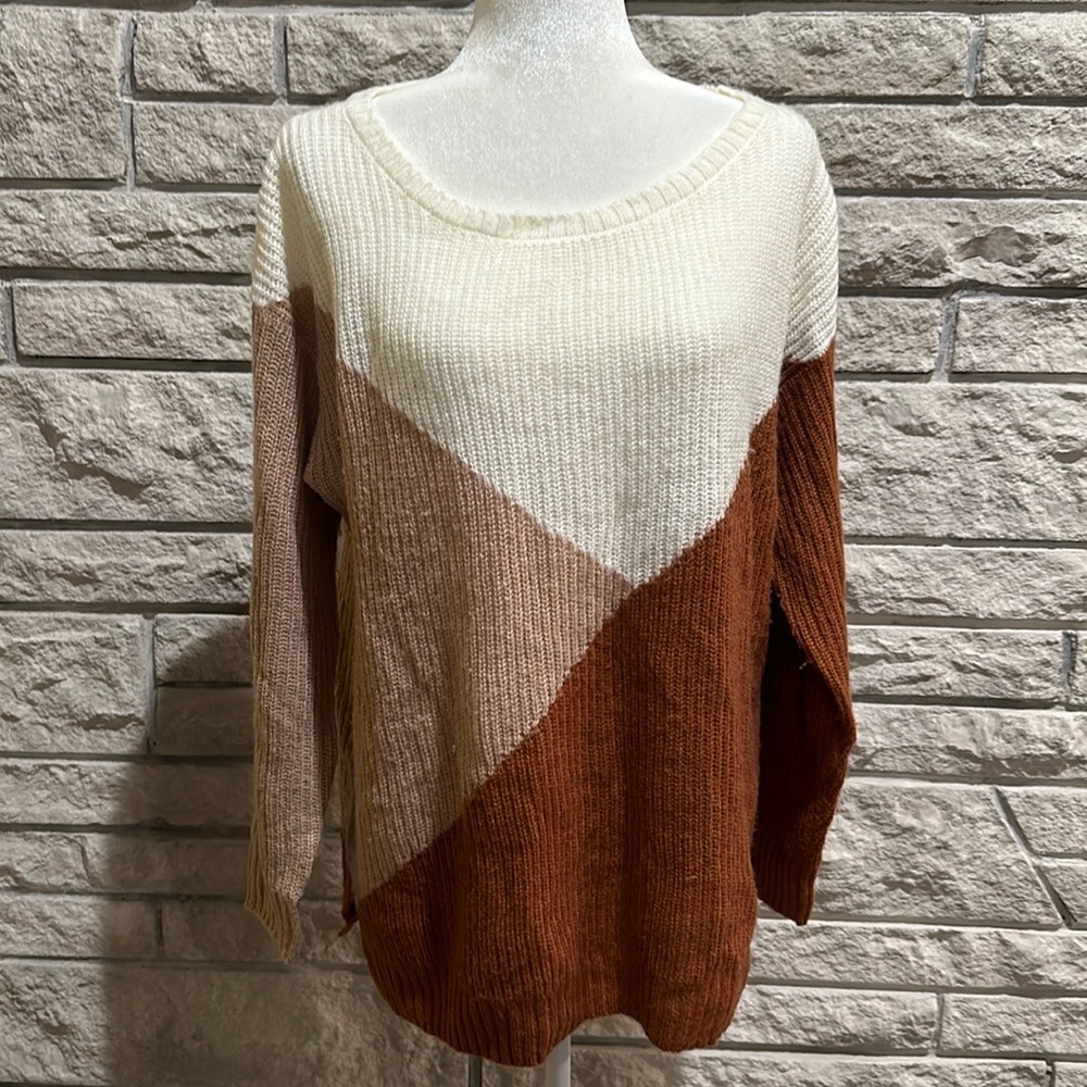 Brown, pink and cream color block sweater